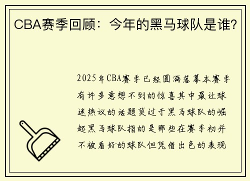 CBA赛季回顾：今年的黑马球队是谁？