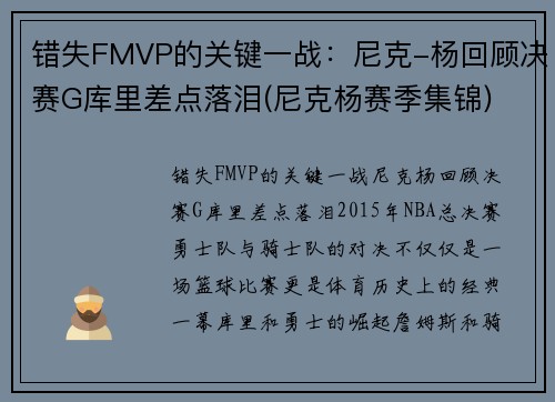 错失FMVP的关键一战：尼克-杨回顾决赛G库里差点落泪(尼克杨赛季集锦)